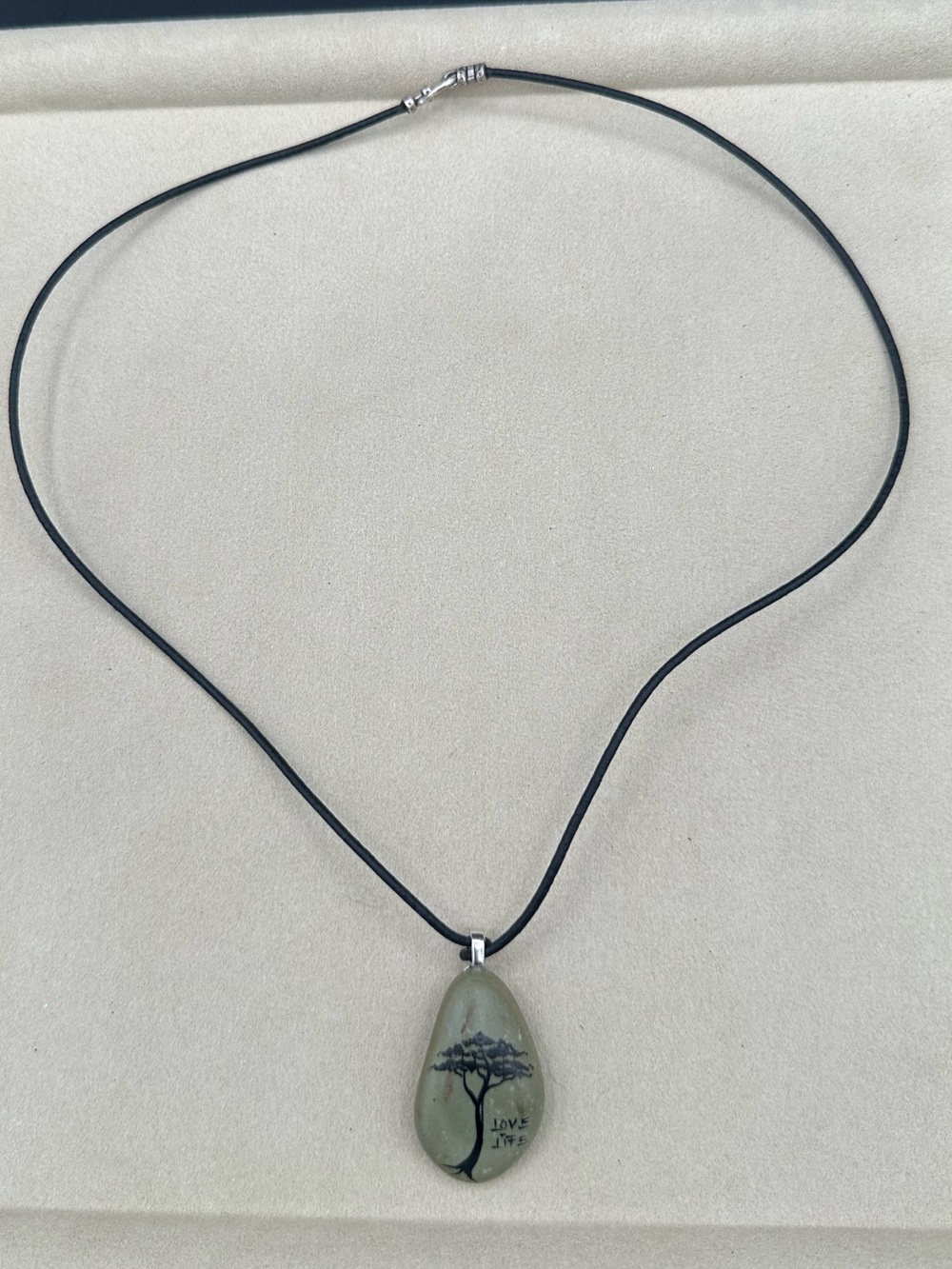 Artisan Hand Painted River Rock Tree Love Life Pendant Leather Necklace 20"